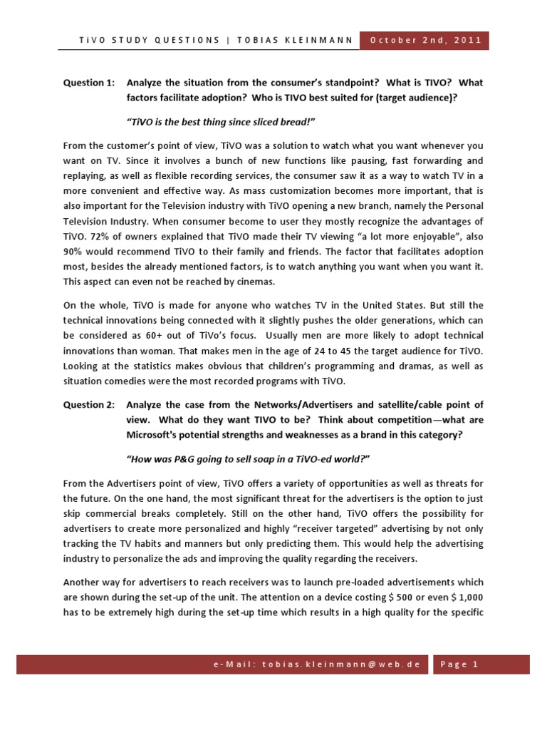 TiVO Study Questions Tobias Kleinmann PDF Advertising Brand