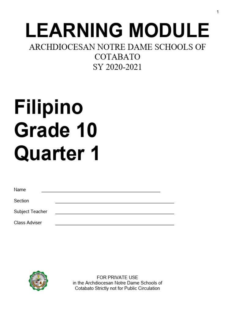 Filipino Grade 10 Learning Module Quarter 1 | PDF | Learning | Textbook