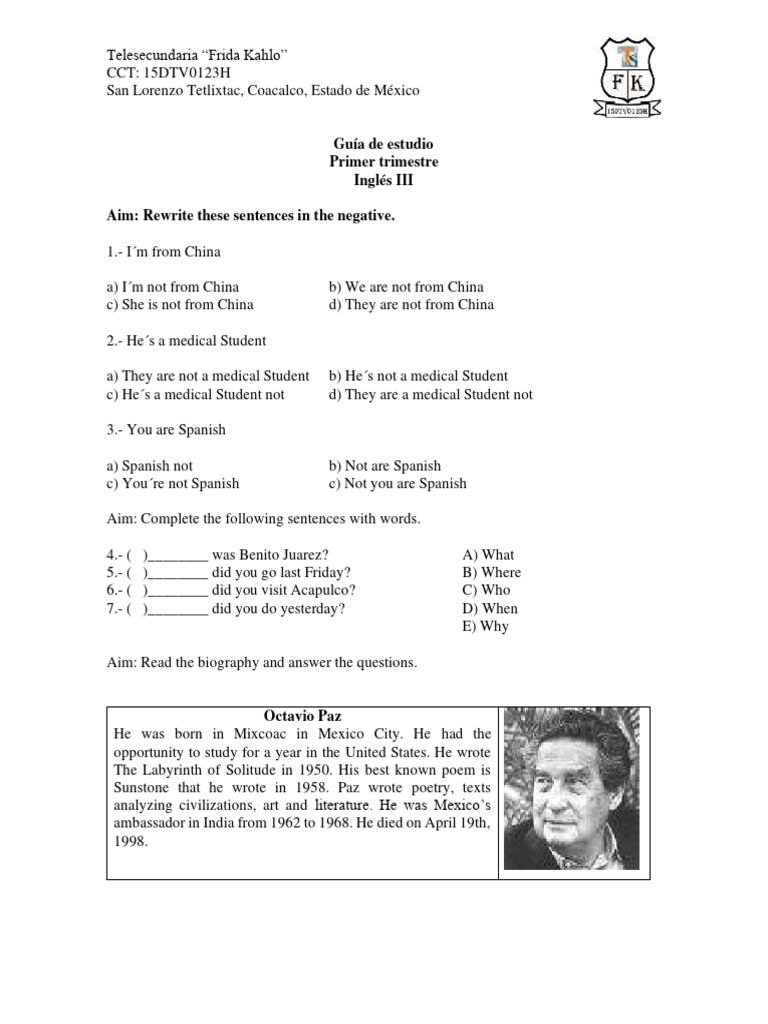 Guía de Estudio Inglés Primer Trimestre PDF Mexico