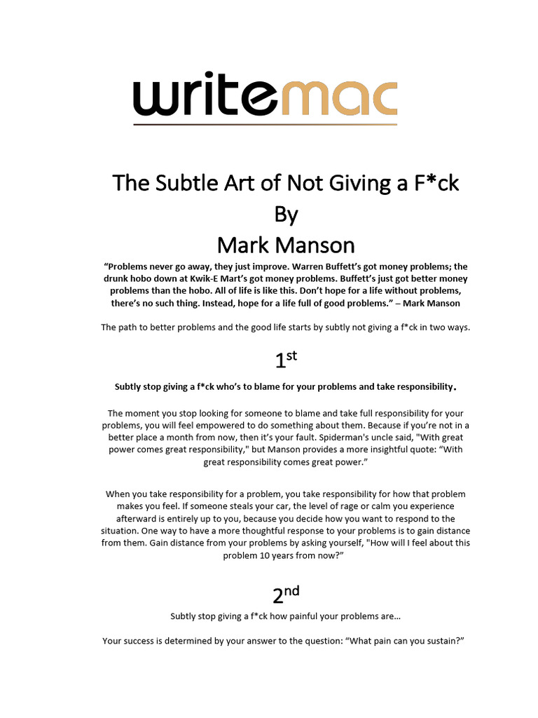 The Subtle Art of Not Giving A Fuck by Mark Manson | PDF | Cognition ...