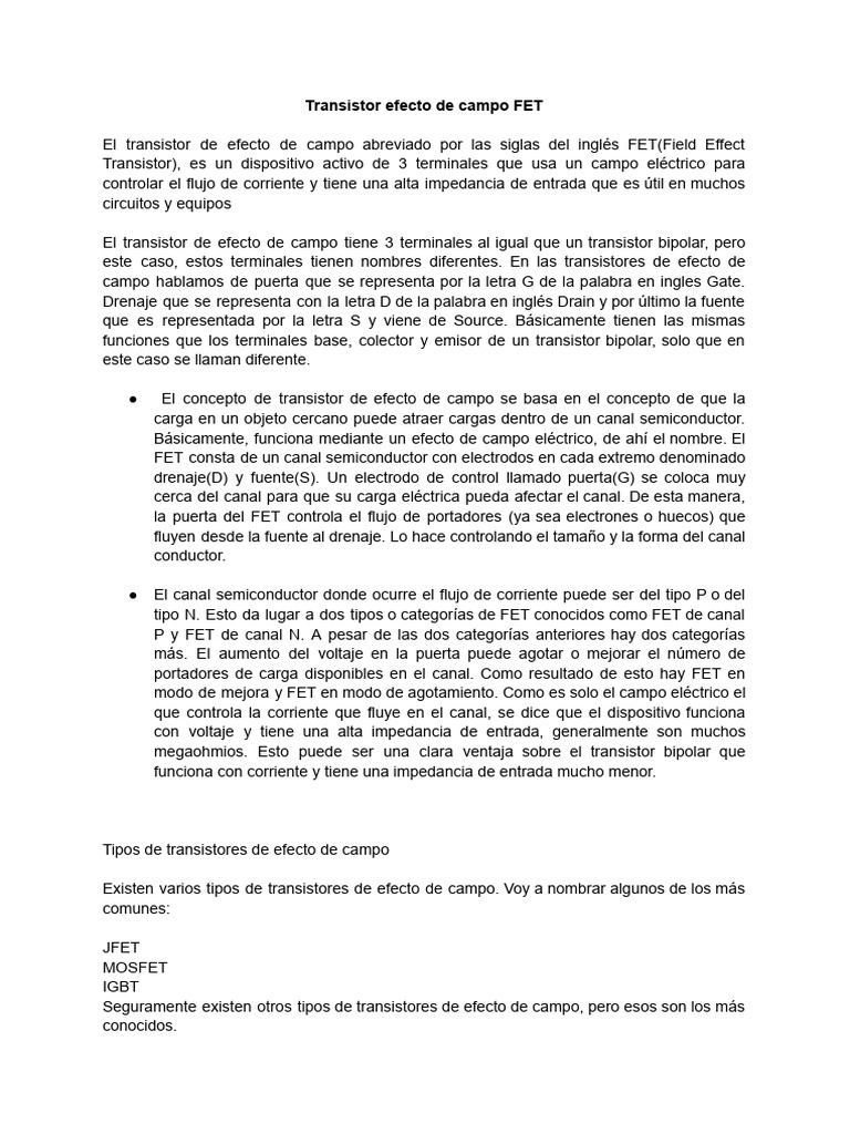 Transistor FET PDF Transistor de efecto de campo Transistor