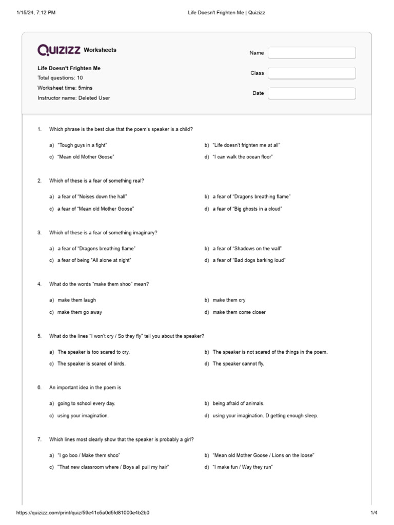 Life Doesn't Frighten Me - Quizizz1 | PDF