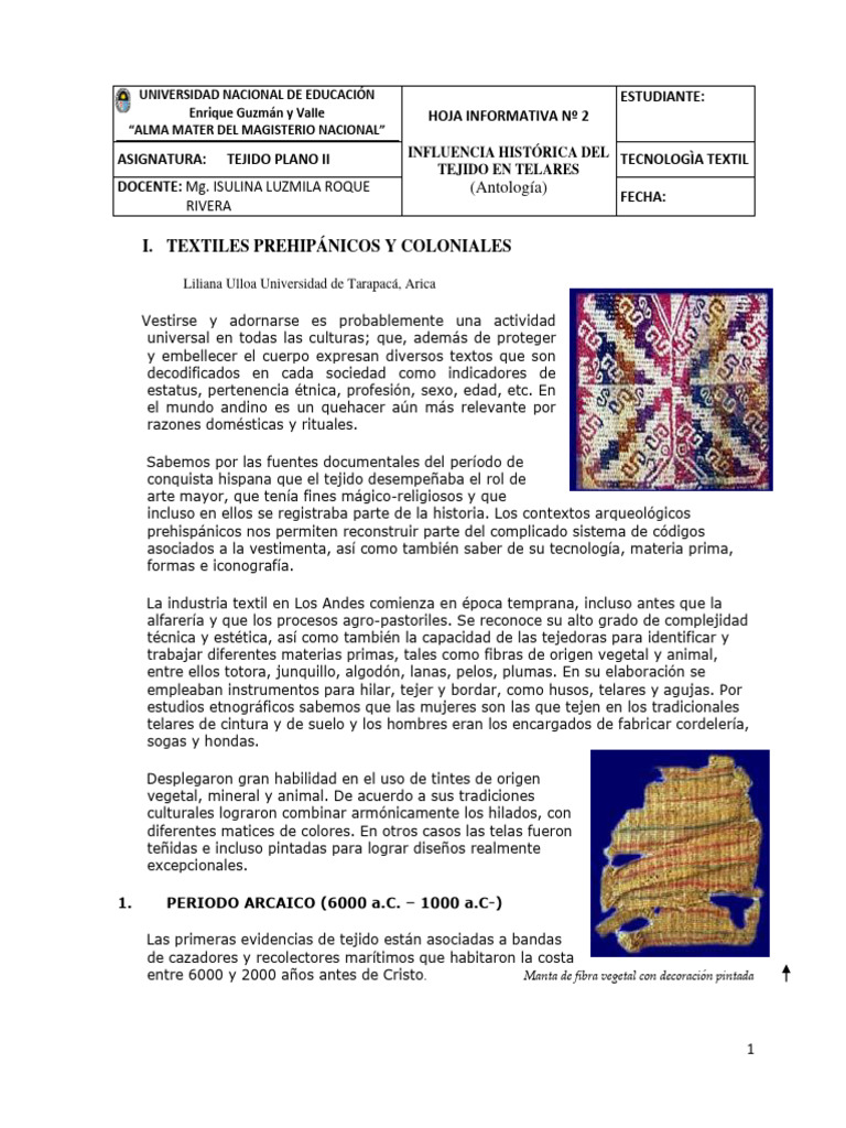 H. Informativa N 2 Influencia Histórica de Tejidos en Telares | PDF ...