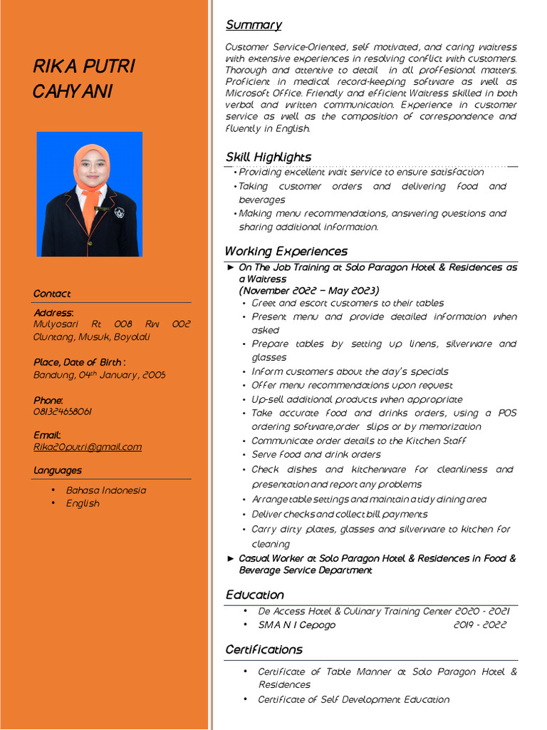 Waitress Resume: Skills & Experience | PDF | Waiting Staff | Food And Drink