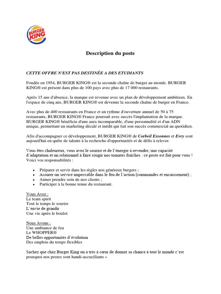 Description Du Poste Burger King 91 PDF