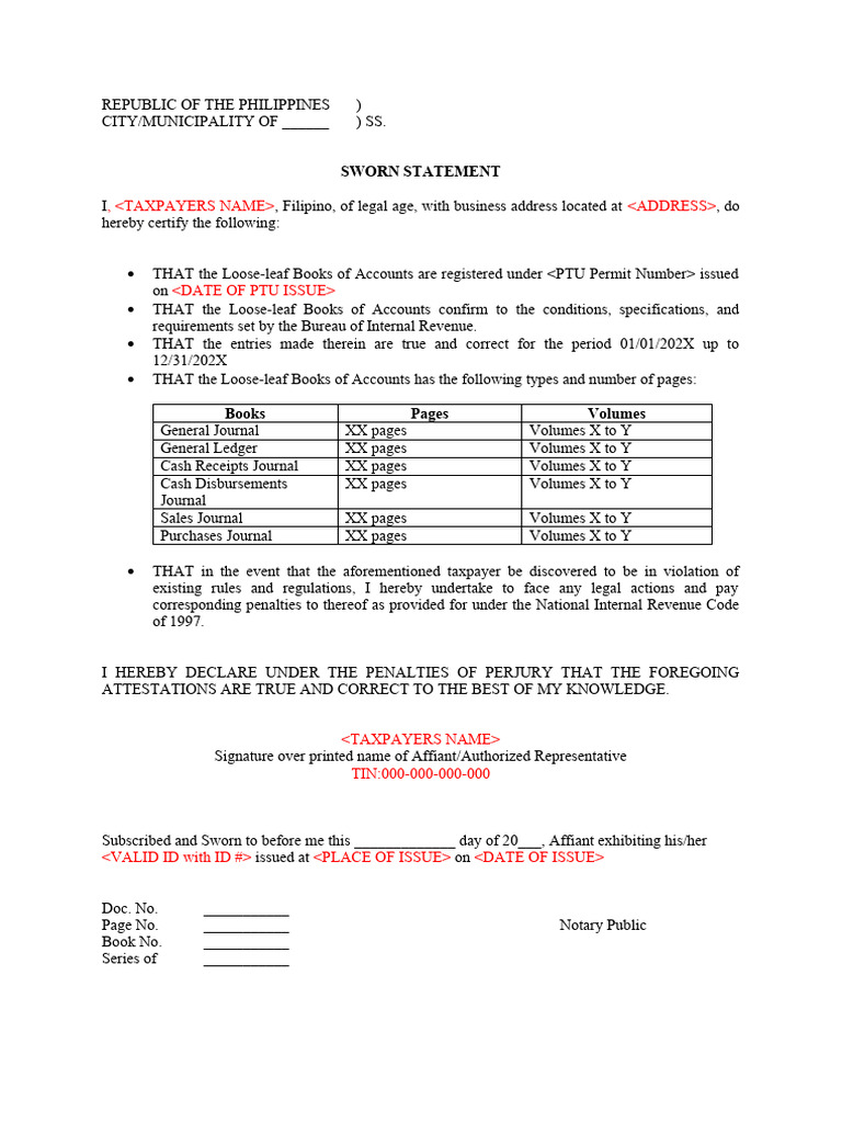 Sworn statement attesting the completeness accuracy and correctness of