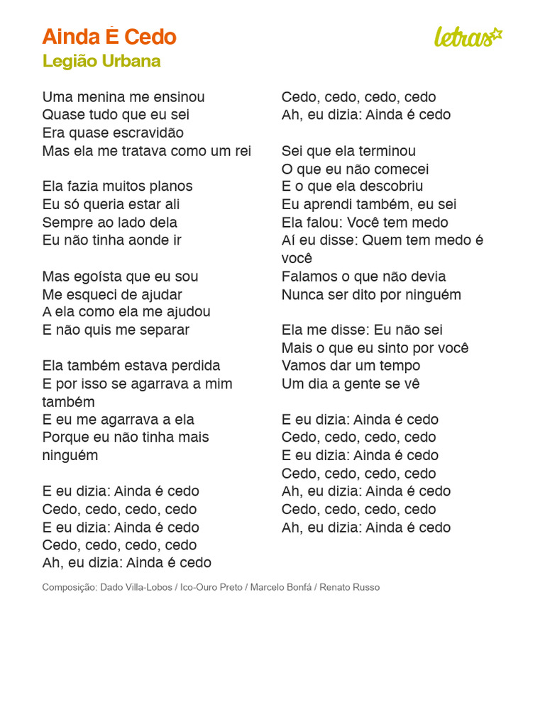 AINDA É CEDO - Legião Urbana | PDF