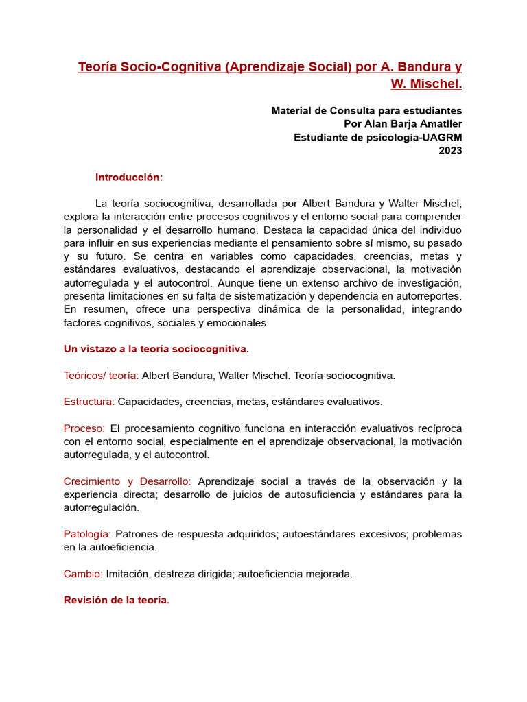 Teoría Socio Cognitiva Aprendizaje Social Por A Bandura Y W Mischel