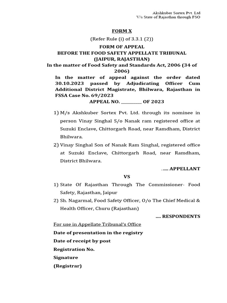 Food Safety Appeal PDF Tribunal Affidavit