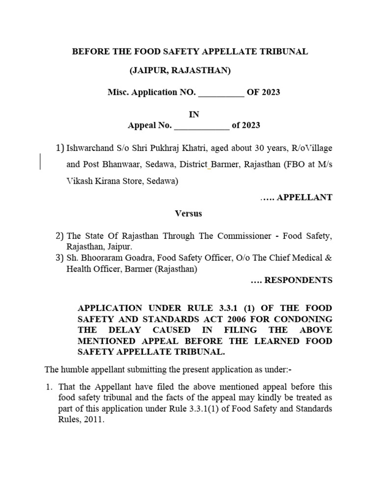 Application Under 3.1.1 of Food Safety Act PDF Appeal Tribunal