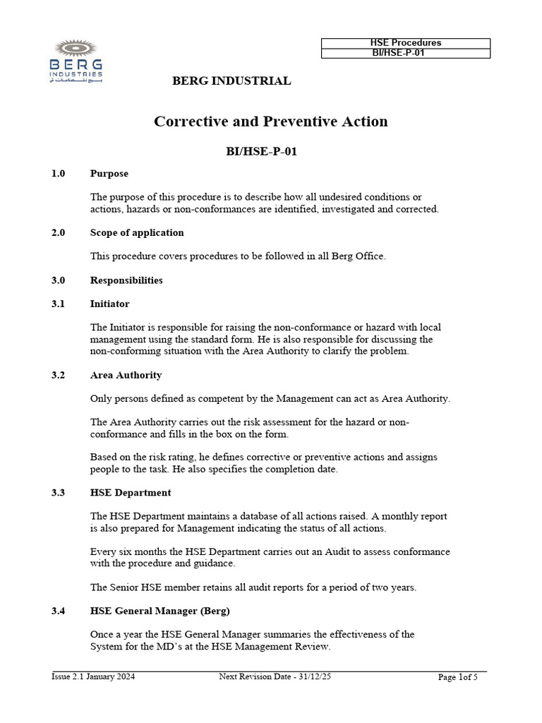 HSE P 08 Corrective and Preventive Action Issue 2 1 | PDF | Business ...