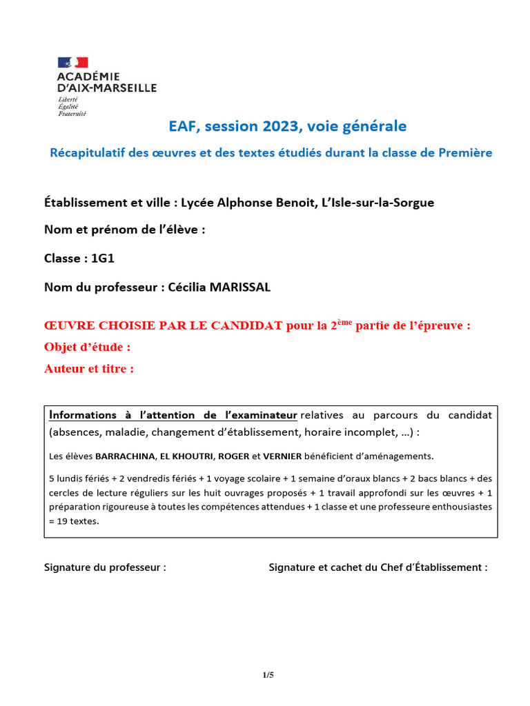 Récapitulatif Et Textes 1G1 - Marissal - EAF 2023 - Compressed | PDF