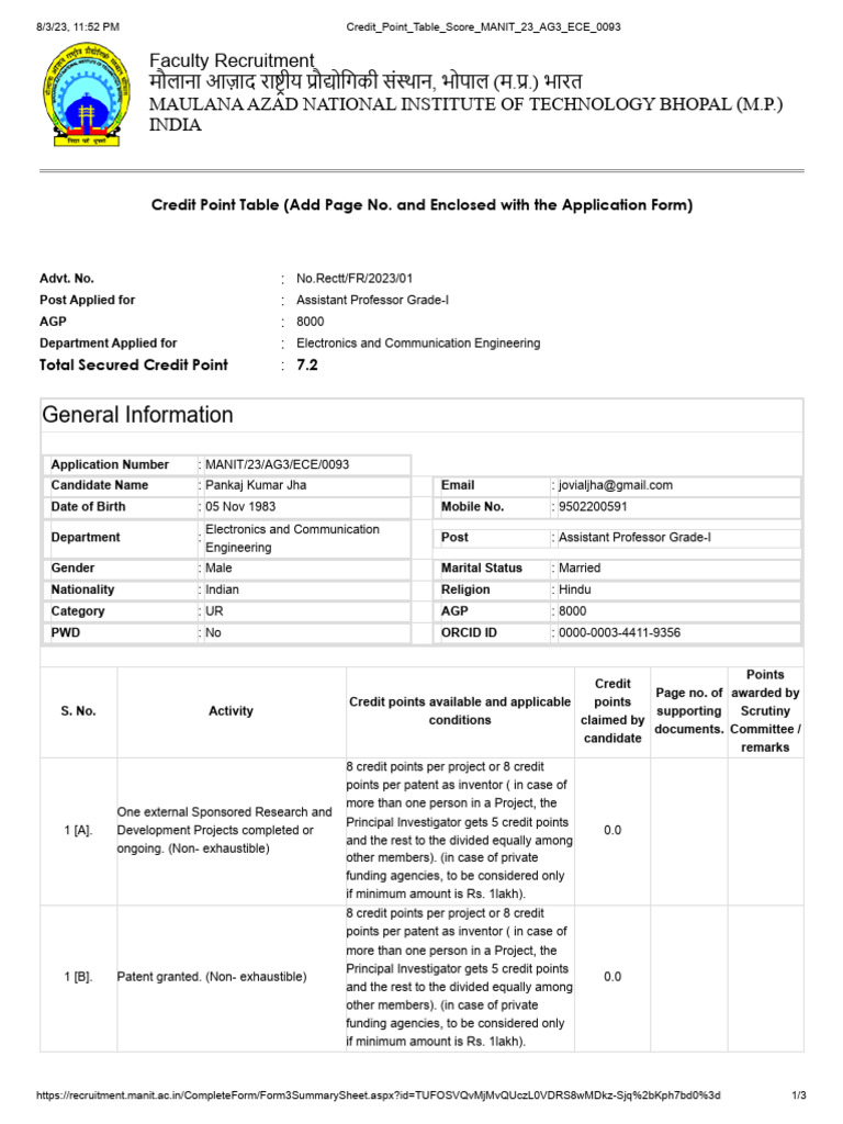 Credit point table score manit 23 ag3 ece 0093 pdf