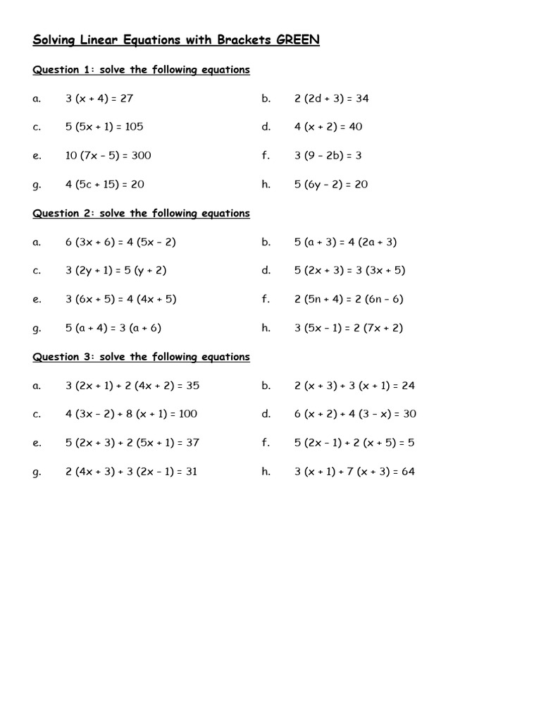 Solving Linear Equations With Brackets Rag Pdf Equations
