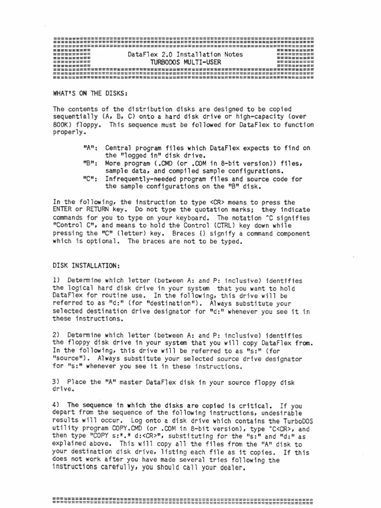 DataFlex TurboDOS Install Notes | PDF | Computer Terminal | Computer File