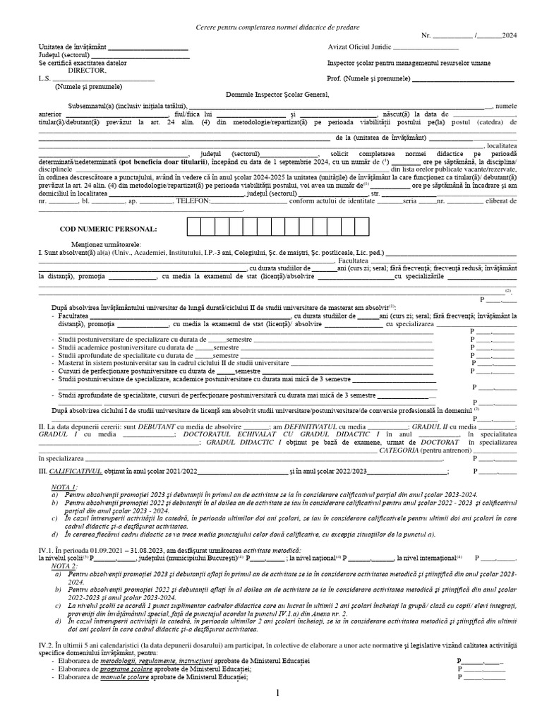 Cerere Completare Normă 2024 2025 | PDF