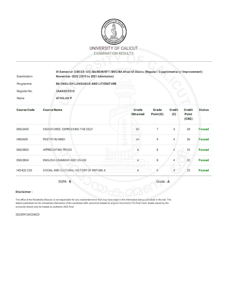 University of Calicut Online Results PDF