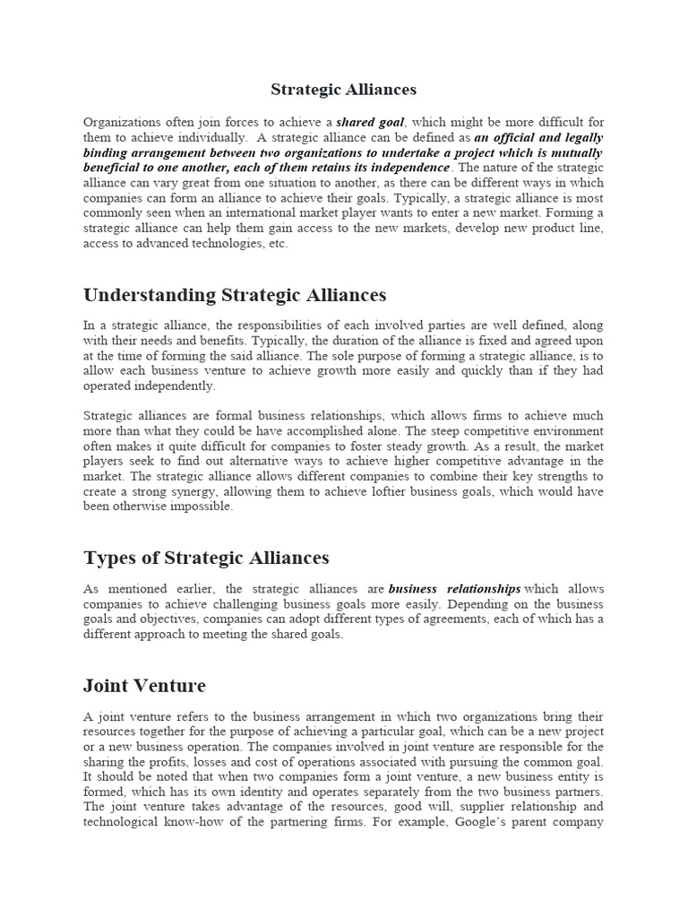Strategic Alliance Pdf Joint Venture Partnership