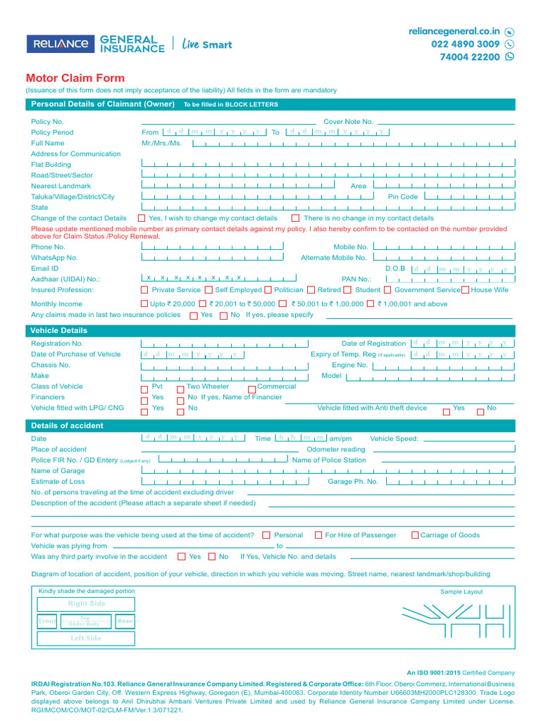Motor Claim Form RELIANCE PDF