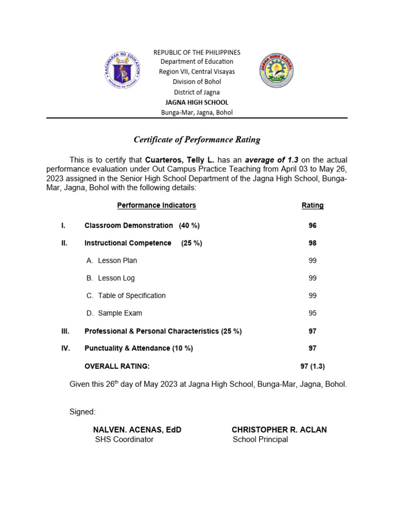 Certificate of Performance Rating - Jagna High School | PDF