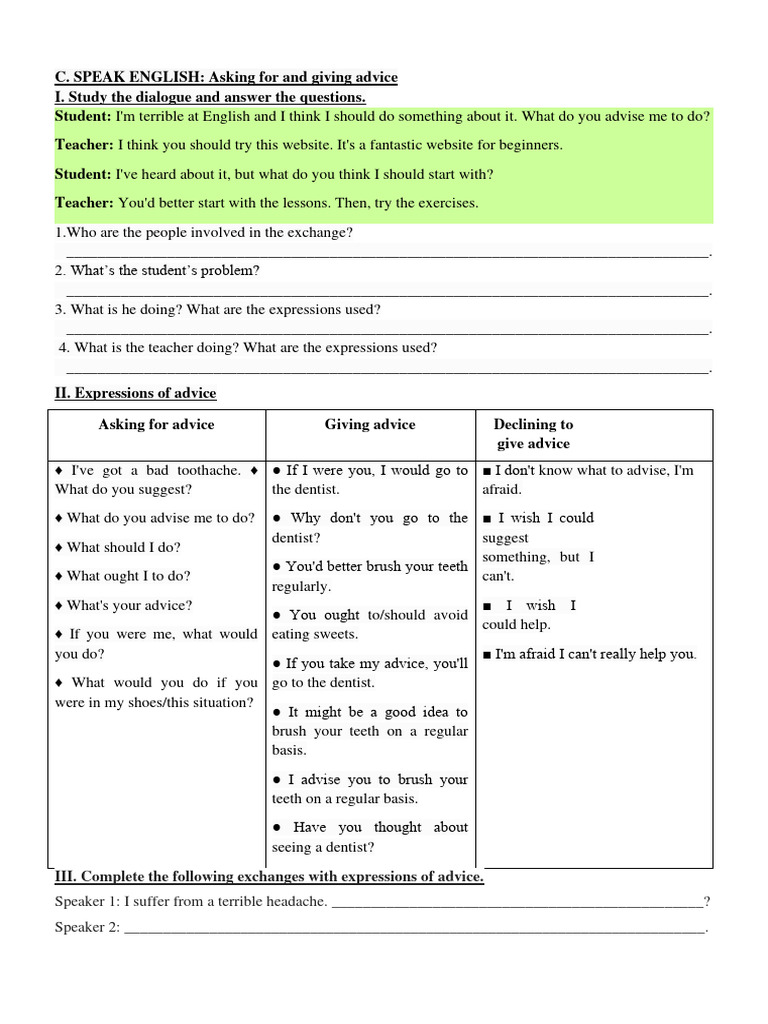 Asking For and Giving Advice | PDF