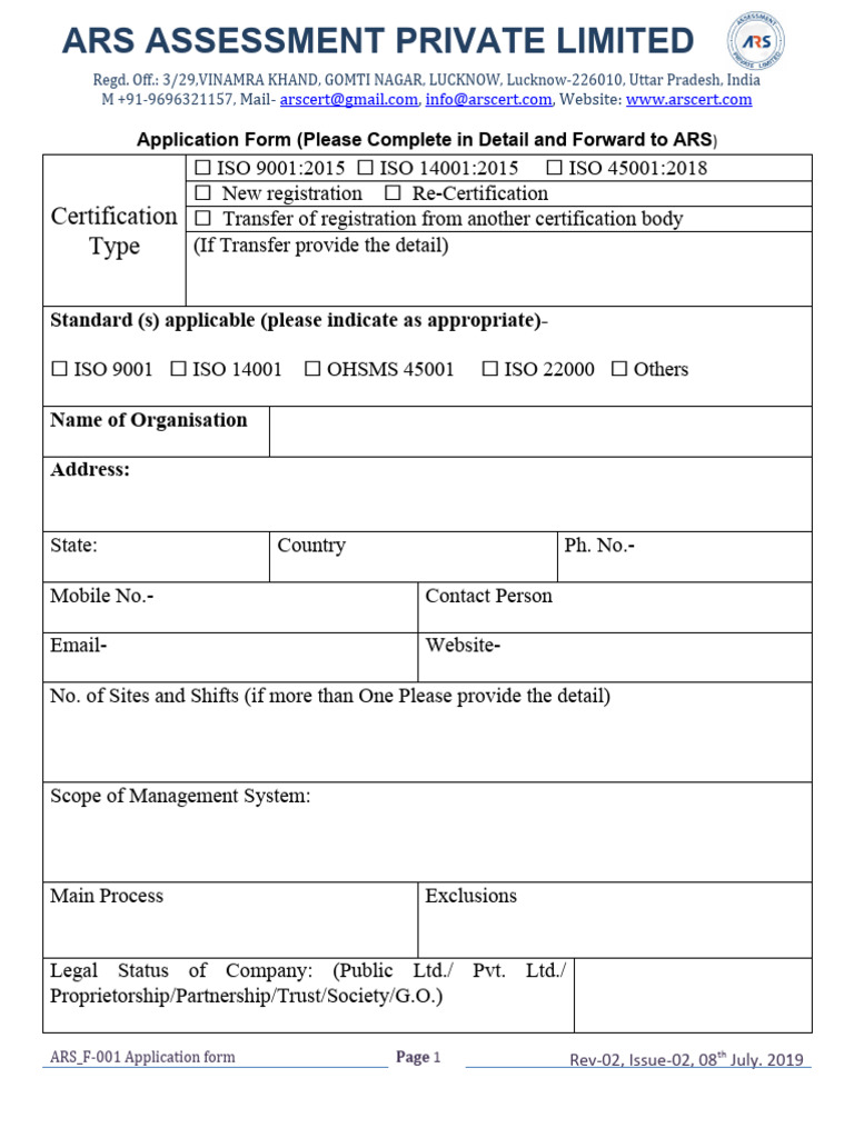 ARS Certification Application Form | PDF | Business