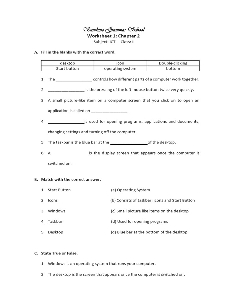 Grade 2 ICT Worksheet: Computer Basics | PDF | Icon (Computing ...
