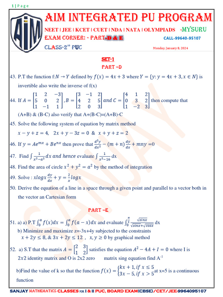 Sanjay Mathematics Classes Question Bank | PDF | Equations | Matrix ...