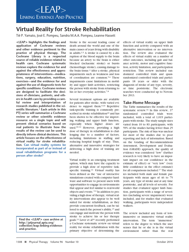 Virtual Reality For Stroke Rehabilitation | PDF | Stroke | Physical Therapy