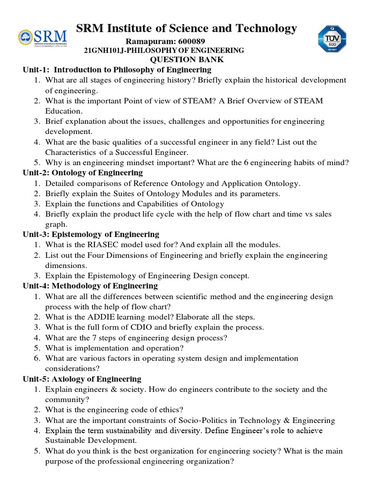 SRM Philosophy of Engineering Question Bank | PDF | Art | Computers
