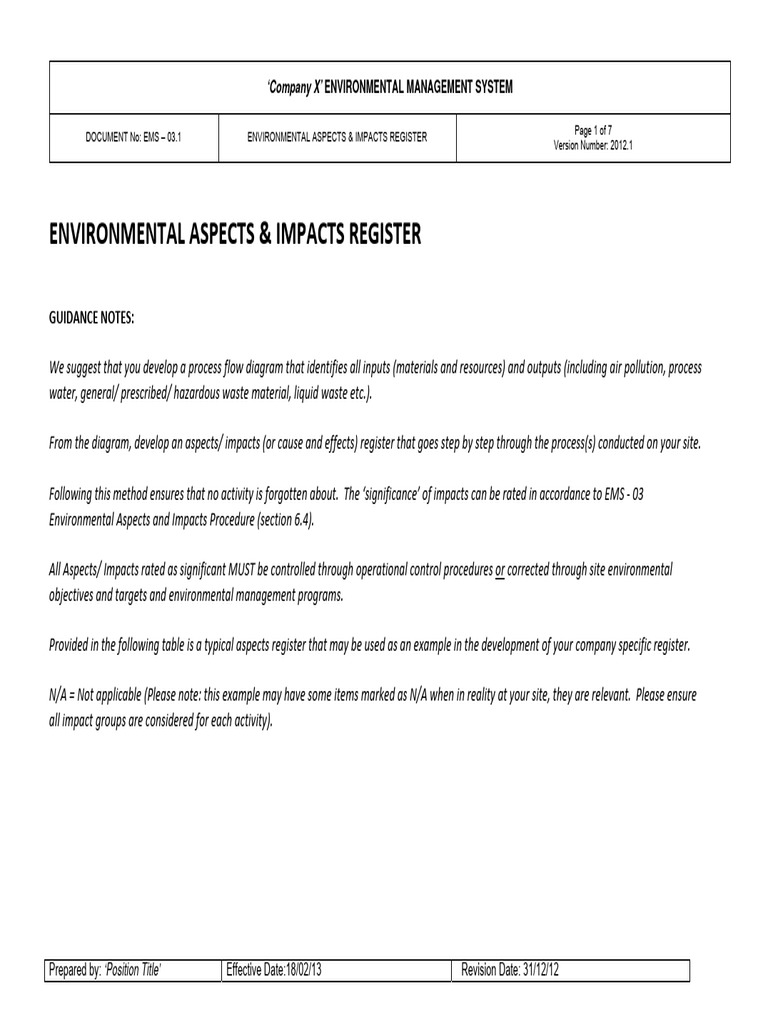 Environmental ASPECT & IMPACTS REGISTER | PDF