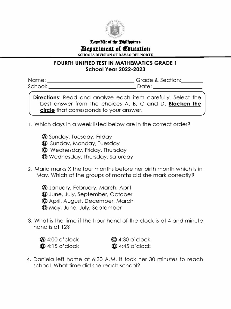 Math 1 - TQ-TOS - Q4 | PDF