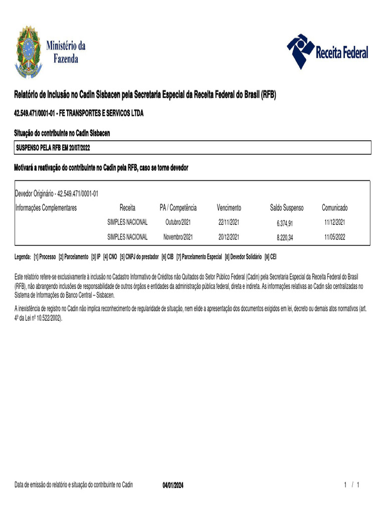 Relatório de Inclusão no Cadin RFB | PDF | Finanças e Administração de ...