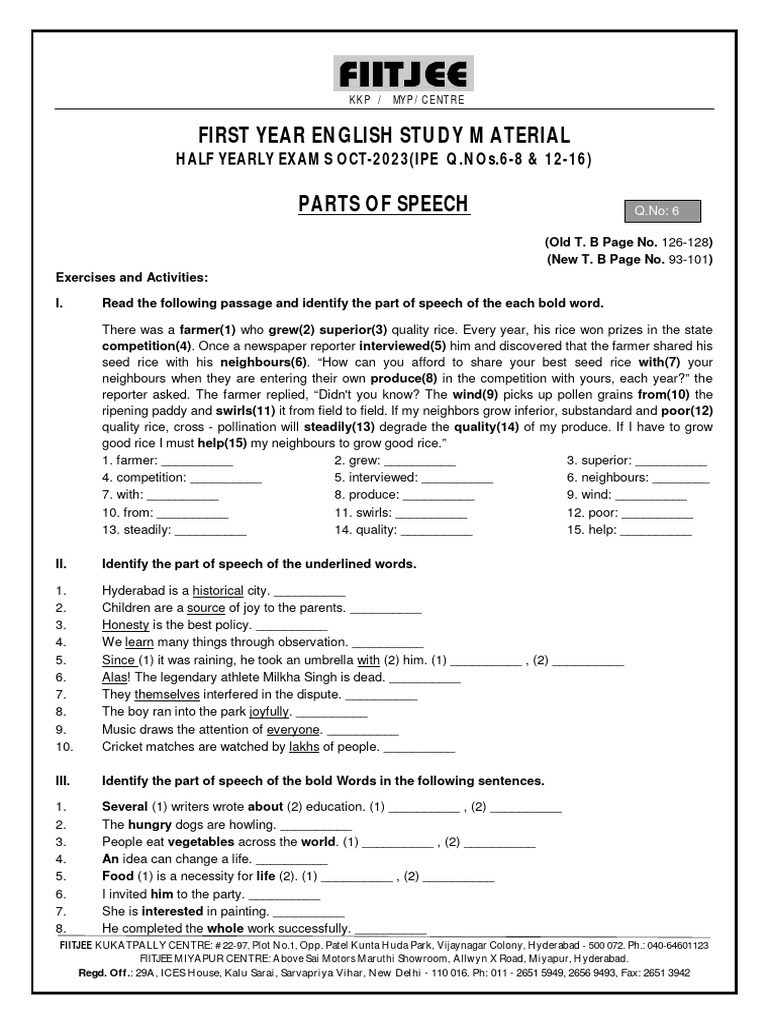 English First Year Half Yearly Syllabus 2023 24 Pdf