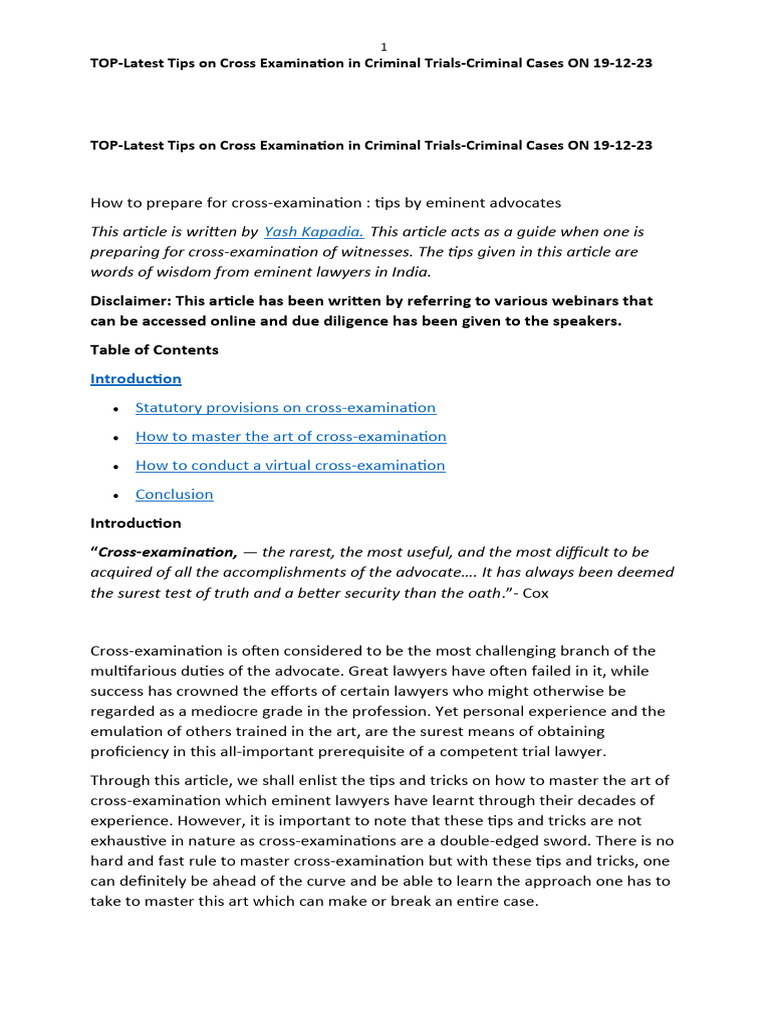 Fundamental Tips On Cross Examination In Criminal A Trials Pdf