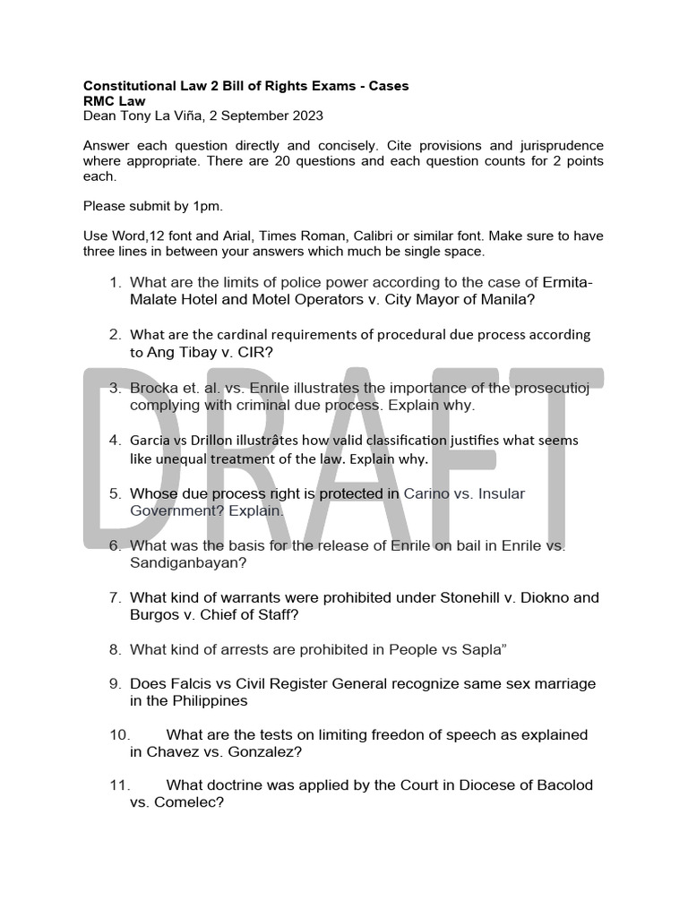 Bill of Rights Exam Questions and Cases | PDF | Due Process | Justice