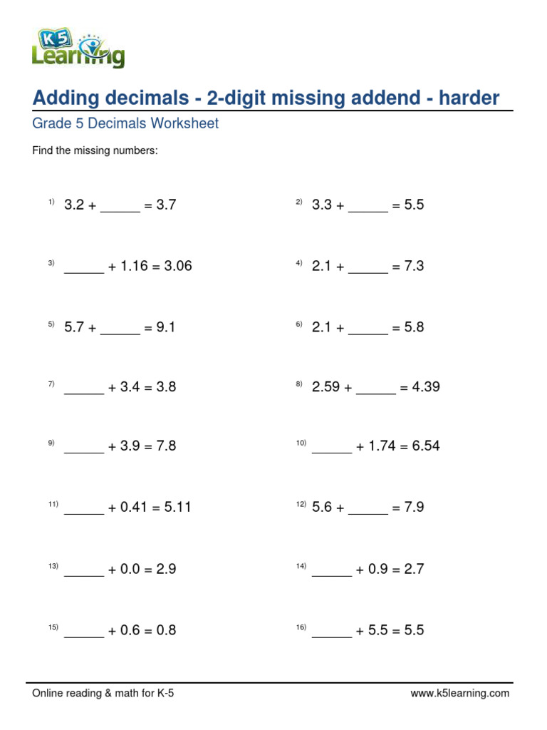 Grade 5 Missing Addend Decimals Worksheet | PDF