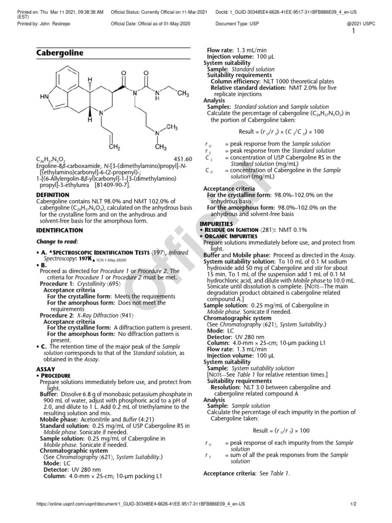 USP43NF38 Cabergoline PDF