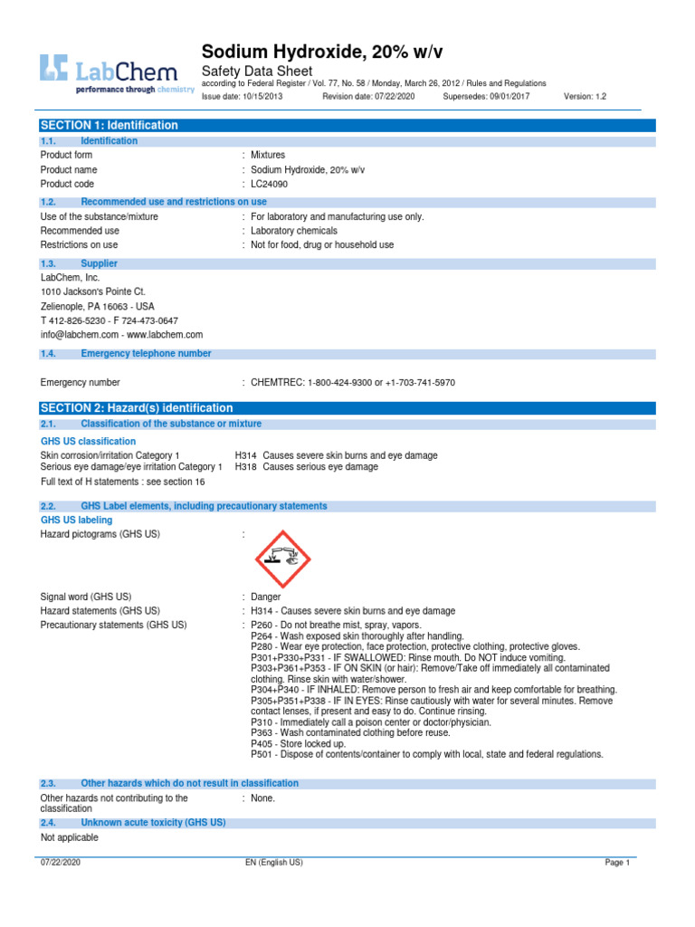 Sodium Hydroxide 20% Safety Data Sheet | PDF