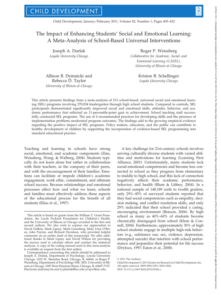 Durlak Et Al 2011 - The Impact of Enhancing Students SEL | PDF ...
