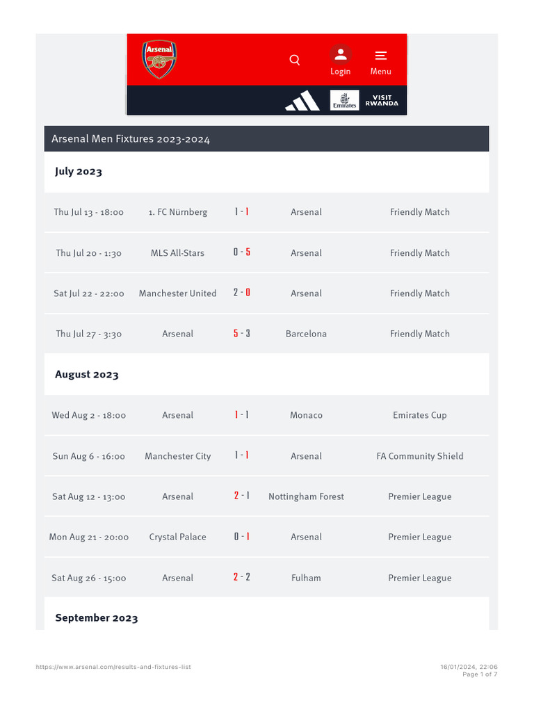 Arsenal Fixtures 2023-2024 Overview | PDF | Premier League | Arsenal F.C.
