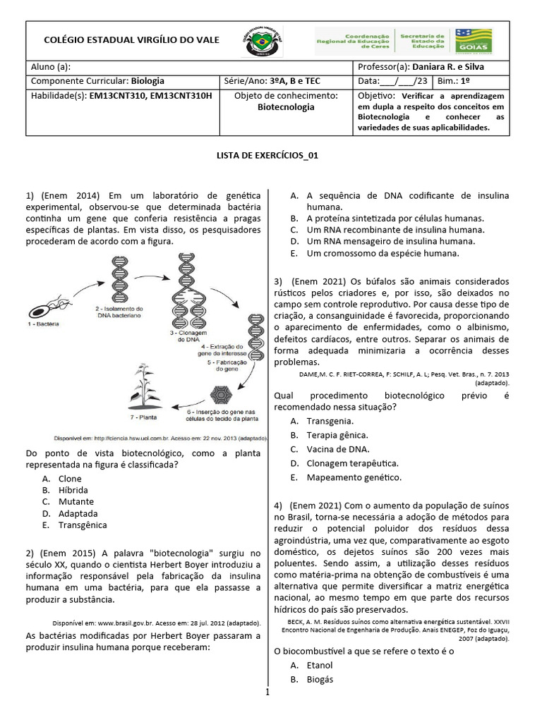 Exercícios sobre Biotecnologia e ENEM | PDF | Biotecnologia | Genética