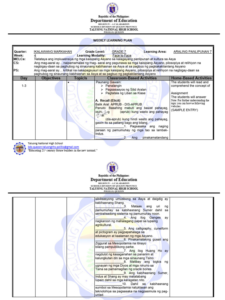 Department of Education: Weekly Learning Plan | PDF
