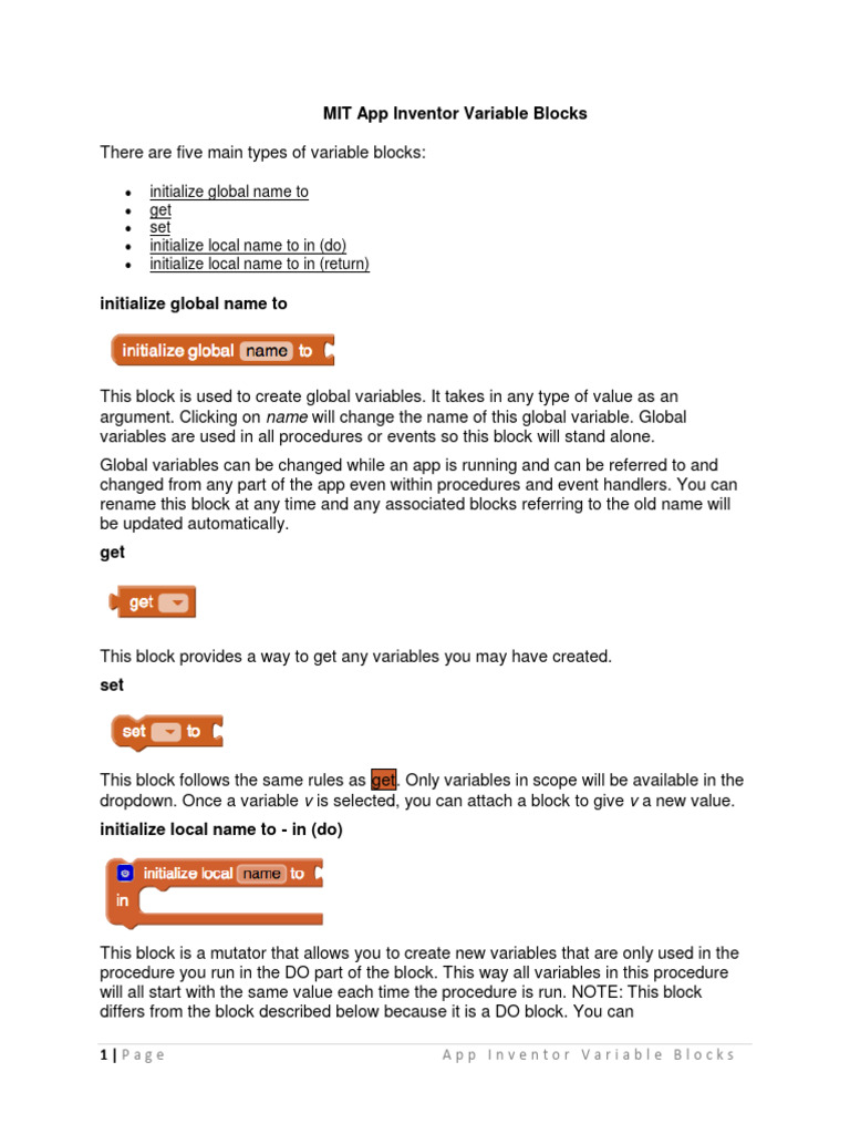 MIT App Inventor Variable Blocks Guide | PDF | Parameter (Computer ...