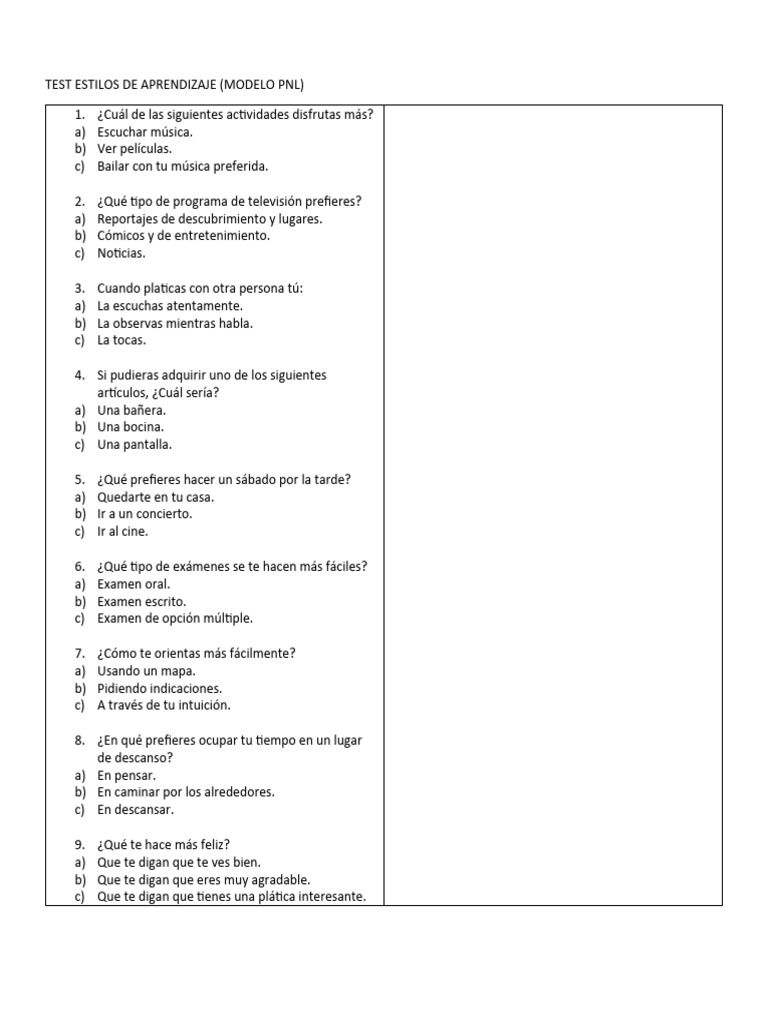 Test Estilos de Aprendizaje para 4° 2023 2024 | PDF