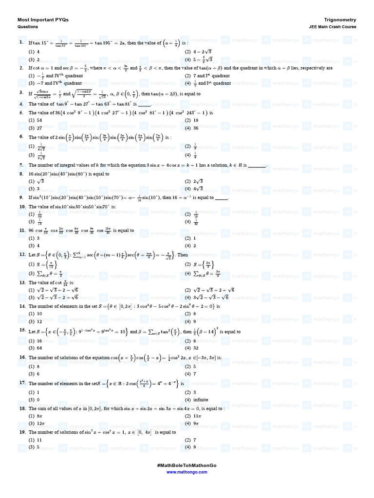 Question Most Important PYQs Trigonometry JEE Main Crash Course ...