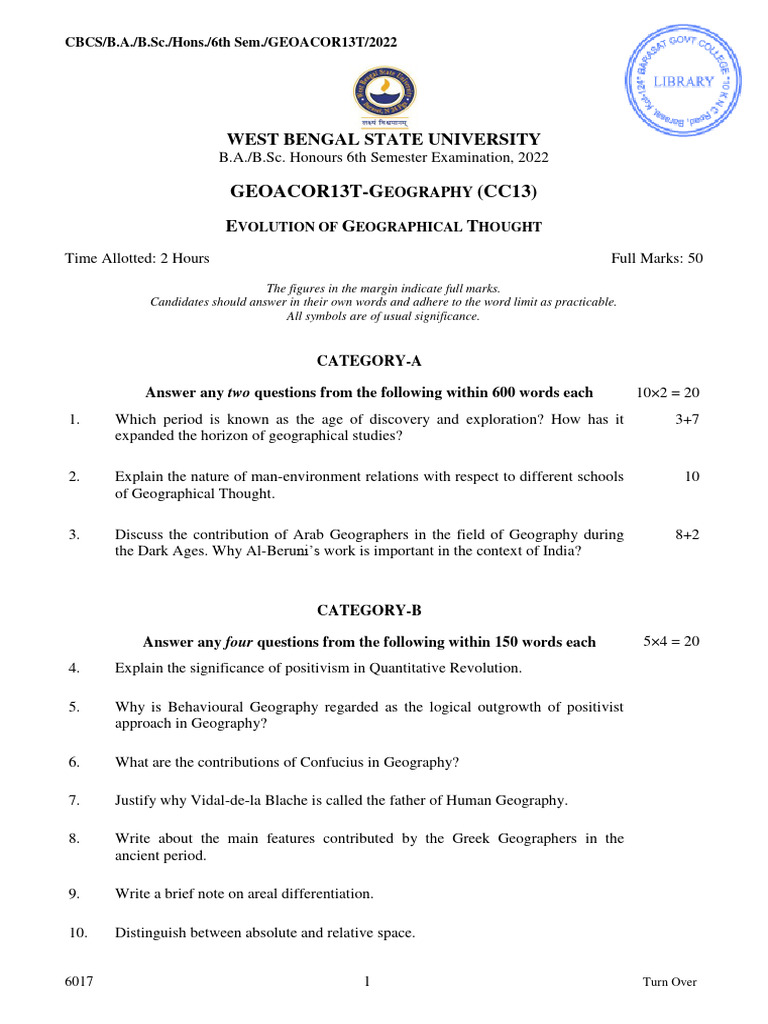 Geography (Hons) Questions (WBSU) Sem6 GEOA 202022 Library