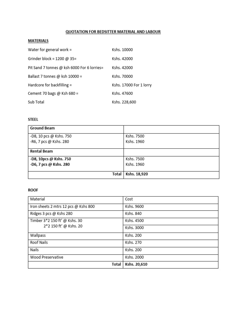 Bedsitter Construction Cost Breakdown | PDF | Building | Building ...