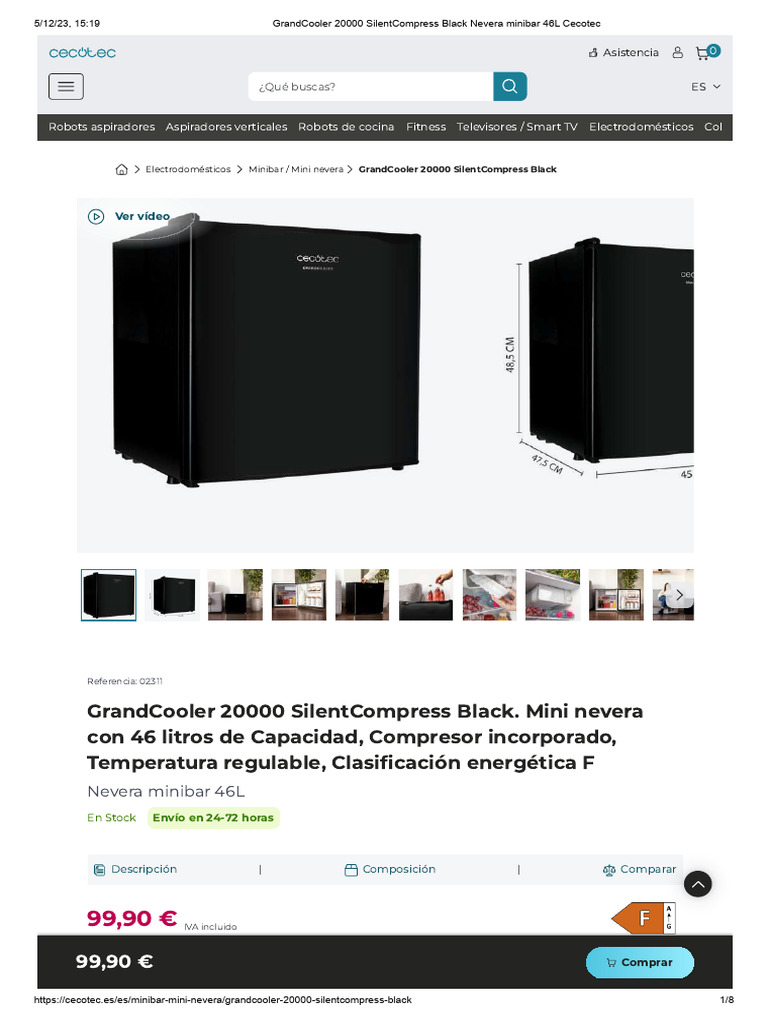 Mini Frigo Cecotec GrandCooler 20000 SilentCompress Black - 46L Avec Petit Congélateur, Porte Réversible - Compact Et Écoénergétique Classe E