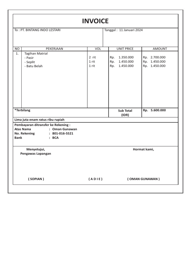 Contoh Invoice Proyek Bintang Indo Lestari | PDF